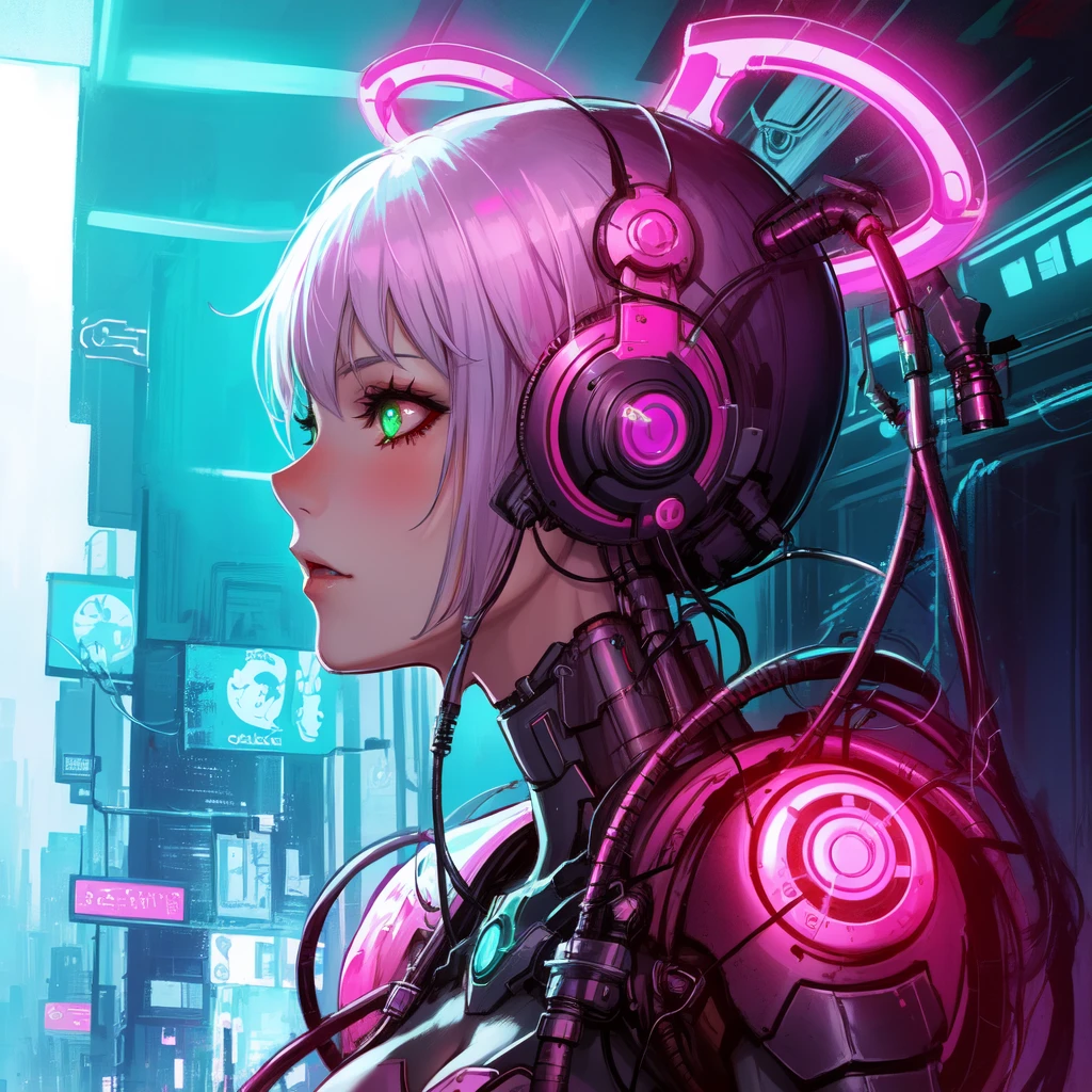 by ryohei hase, cyborg woman, solo, neon lights, cyberpunk