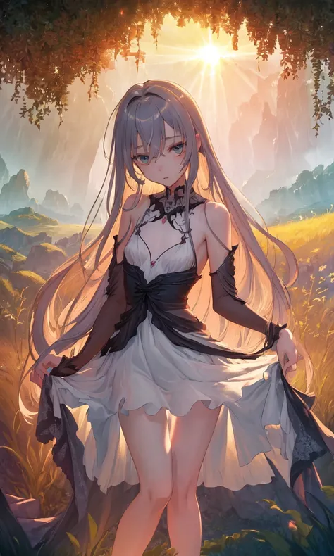 (masterpiece:1.3), official art, 8k, Henning Jakob Henrik Lund, 1girl, delicate, small breasts, very long hair,  dress, (dress lift:1.0),  bare legs detailed fantasy landscape, masterpiece, best quality, CG, wallpaper, high quality, high-definition, extremely detailed, global illumination,  crepuscular rays, scattering, (transparency:1.2)