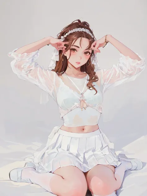 1girl, breasts, brown_eyes, brown_hair, jewelry, kneehighs, lips, long_hair, looking_at_viewer, midriff, navel, see-through, shoes, sitting, skirt, socks, solo, white_footwear, white_legwear, white_skirt