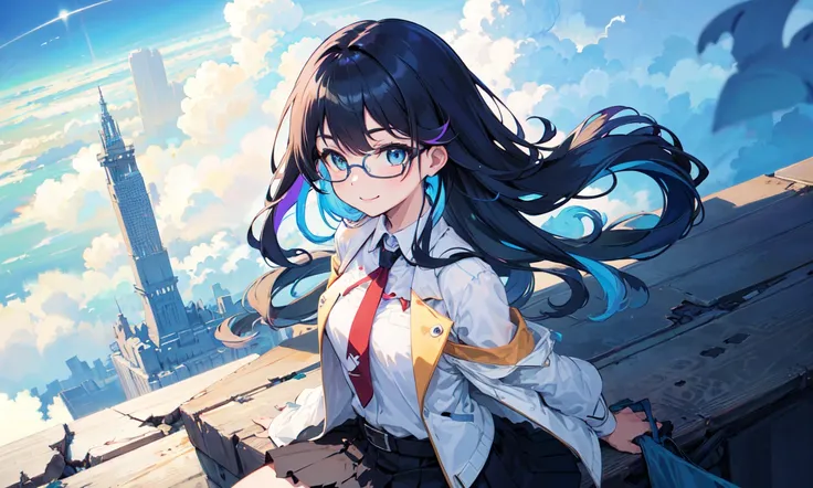 masterpiece,best quality,official art,illustration,ligne claire,(dreamy),(colorful:1.3),perfect composition,absurdres,intricate details,fantasy,focused,(in the high air),Unable to see the ground,(above the cloud:1.4),(finely detailed modern lost_city:1.3),(lost_city towering above the clouds:1.2),epic,(focus_girl:1.4),(girl in city peak of Broken bridge),rule of thirds,anime_face,fine-tuning face,small breasts,finely detailed light_skyblue_eyes,white_jacket and white_shirt,black_beltskirt,(light_blue_hair),very_long_hair,side braid,loose_hair,semi-rimless eyewear,overhead_viewer,wind blow at viewer,side_face, (ground is starry_sky),smile,sitting,(depth_of_field)
