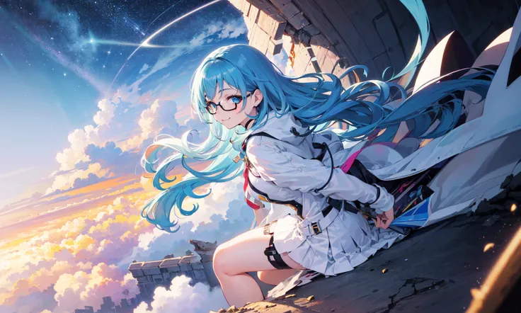 masterpiece,best quality,official art,illustration,ligne claire,(dreamy),(colorful:1.3),perfect composition,absurdres,intricate details,fantasy,focused,(in the high air),Unable to see the ground,(above the cloud:1.4),(finely detailed modern lost_city:1.3),(lost_city towering above the clouds:1.2),epic,(focus_girl:1.4),(girl in city peak of Broken bridge),rule of thirds,anime_face,fine-tuning face,small breasts,finely detailed light_skyblue_eyes,white_jacket and white_shirt,black_beltskirt,(light_blue_hair),very_long_hair,side braid,loose_hair,semi-rimless eyewear,overhead_viewer,wind blow at viewer,side_face, (starry_sky:1.2),smile,sitting,(space),(universe:1.3),(depth_of_field)