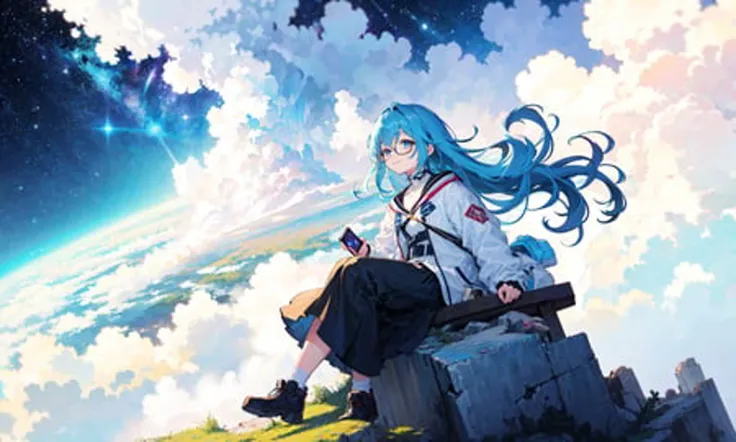 masterpiece,best quality,official art,illustration,ligne claire,(dreamy),(colorful:1.3),perfect composition,absurdres,intricate details,fantasy,focused,(in the high air),Unable to see the ground,(above the cloud:1.4),(finely detailed modern lost_city:1.3),(lost_city towering above the clouds:1.2),epic,(focus_girl:1.4),(girl in city peak of Broken bridge),rule of thirds,anime_face,fine-tuning face,small breasts,finely detailed light_skyblue_eyes,white_jacket and white_shirt,black_beltskirt,(light_blue_hair),very_long_hair,side braid,loose_hair,semi-rimless eyewear,overhead_viewer,wind blow at viewer,side_face, (starry_sky:1.2),smile,sitting,(space),(universe:1.3),(depth_of_field)