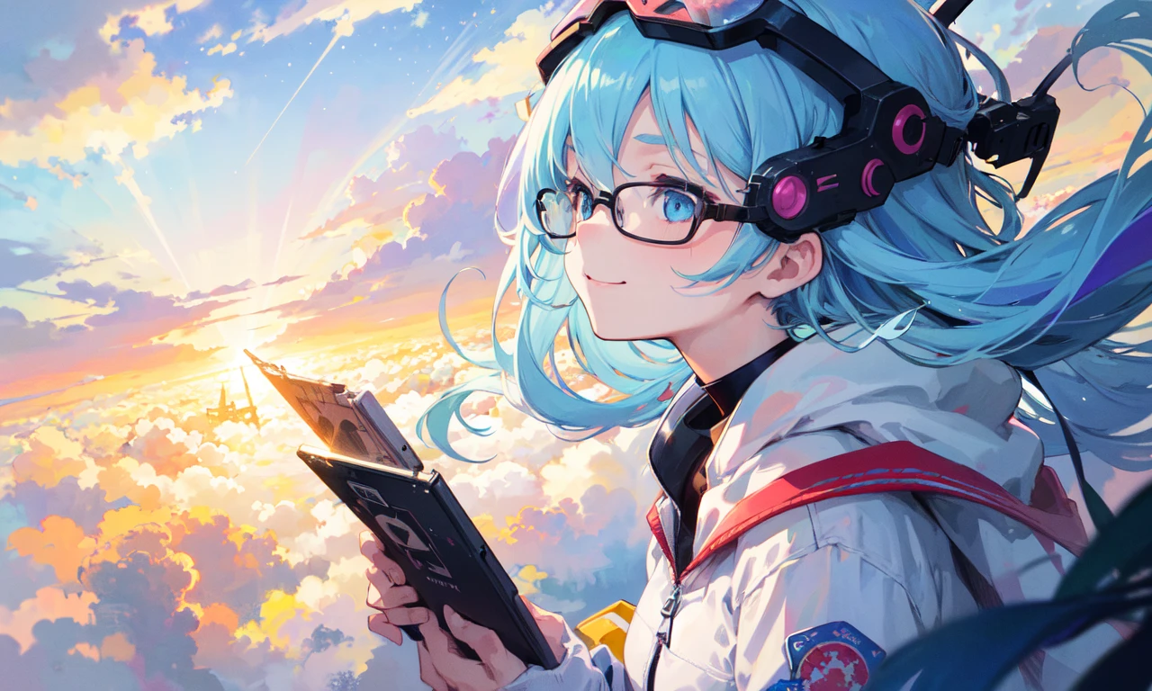 masterpiece,best quality,official art,illustration,ligne claire,(dreamy),(colorful:1.3),perfect composition,absurdres,detailed view,intricate details,fantasy,focused,(in the high air),Unable to see the ground,(above the cloud:1.4),(finely detailed modern lost_city:1.3),(lost_city towering above the clouds:1.2),epic,(focus_girl:1.4),(girl in broken bridge of Broken bridge),rule of thirds,anime_face,fine-tuning face,small breasts,finely detailed light_skyblue_eyes,white_jacket and white_shirt,black_beltskirt,(light_blue_hair),very_long_hair,side braid,loose_hair,semi-rimless eyewear,overhead_viewer,wind blow at viewer,side_face, (starry_sky:1.2),smile,sitting,(space),(universe:1.3),(depth_of_field)