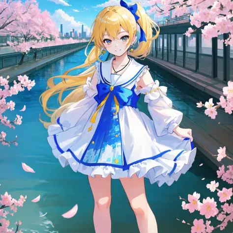 pov,close-up,cityscape,blue sky with clouds,anime screencap,((grayu)),(side_ponytail),looking at viewer,standing, arms behind back,,grin,serafuku,sailor dress,white ankle socks,uwabaki,neck ribbon,necklace,hair ribbon,ribbon,earrings,floating sakura,ray tracing,{best quality}, {{masterpiece}}, {highres}, original, extremely detailed 8K wallpaper, {an extremely delicate and beautiful},,incredibly_absurdres,colorful,intricate detail,artbook,,{best quality}, {{masterpiece}}, {highres}, original, extremely detailed 8K wallpaper, {an extremely delicate and beautiful},,incredibly_absurdres,blonde_hair/yellow_eyes,cityscape,colored tips,(solo),(1gril)