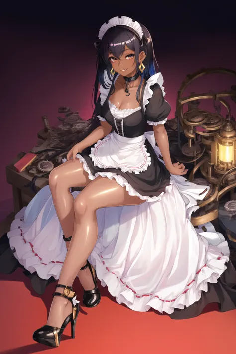 masterpiece,cityscape,(steampunk:1.2),dark skin,bow, (black Lolita:1.2),  (gradient hair:1.2), absurdly long hair, maid headdress, 1girl, crystal earrings, collar, choker, stiletto heels,best quality,CG,high quality,smile, (maid:1.2), high definition,(Shiny skin),extremely detailed,skinny, looking at viewer, (sitting:0.7),, masterpiece, best quality,