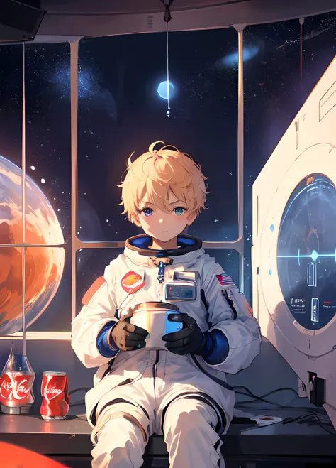 The young boy is floating inside a spacious, high-tech space station, with curved walls and a large observation window that provides an expansive view of the cosmos. The room is dimly lit, with natural volumetric lighting casting soft shadows and highlights on the boy's face and suit. The Coca Cola can is covered in droplets of condensation, and its red and white branding stands out against the dark background. Outside the window, stars twinkle in the distance, and a nearby planet casts a blue glow on the boy's face. The room is equipped with state-of-the-art technology, including control panels, touchscreens, and holographic displays that showcase data and imagery from the surrounding space. In the distance, a few other astronauts can be seen floating in their own suits, performing various tasks and experiments. Overall, the image should convey a sense of futuristic technology and space exploration, with the Coca Cola can serving as a familiar and comforting reminder of home.