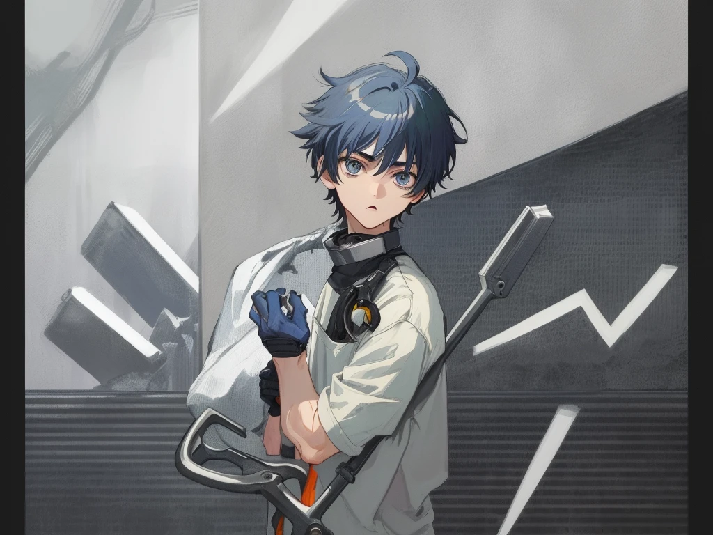 ager, male, (grey working-clothes), brightness, clear-background, ((1 boy)), {{M-bangs}}, short-hair, dark-blue-hair, messy-hair, (brown-eyes), (90's-anime), flat-shading, smooth-body, looking-far, wince, glove, standing, (masterpiece), (((tareme))), closed-mouth, upper-body, best quality, holding a wrench in right hand