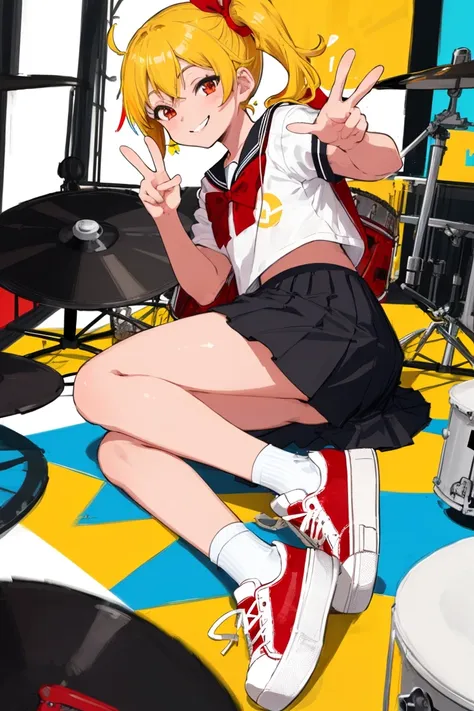 (flat color:1.1),(colorful:1.3),(masterpiece:1.2), best quality, masterpiece,1girl,yellow hair, red eyes, (right side ponytail:1.2),red bow on chest, bare legs,(red sneakers), white ankle socks, smiling,play the drums,recording studio,seifuku,black skirt,(one-handed peace sign)