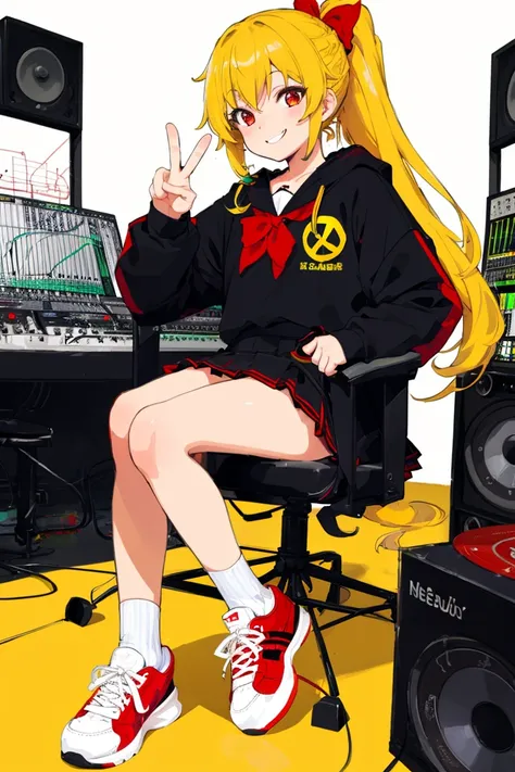 (flat color:1.1),(colorful:1.3),(masterpiece:1.2), best quality, masterpiece,1girl,yellow hair, red eyes, (right ponytail:1.2),red bow on chest, bare legs,(red sneakers), white ankle socks, smiling,play the drums,recording studio,seifuku,black skirt,(one-handed peace sign)