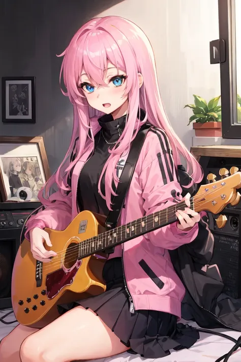 ((extremely detailed CG unity 8k wallpaper,masterpiece, best quality, ultra-detailed)),(mksks),finely detail, Depth of field (bloom),ray tracing,reflection light,floating,
1girl, acoustic_guitar, amplifier_\(instrument\), blue eyes, pink long hair, pink track jacket, bangs, hair between eyes, electric_guitar, guitar, holding_instrument, indoors, instrument, jacket, long_sleeves, miniskirt, music, open_mouth, picture_frame, pink_hair, playing_instrument, plectrum, sheet_music, shirt, sitting, skirt,, solo, speaker