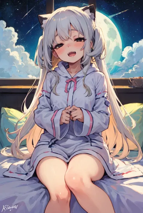 Original Characters, Natural Volumetric Lighting And Best Shadows, Deep Depth Of Field, Sharp Focus, Portrait Of Stunningly Beautiful Petite Girl, Soft Delicate Beautiful Attractive Face With Alluring Black Eyes, Lovely Small Breasts, Sharp Eyeliner, (Yawning And Out Half Closed Eyes:1.05), Open Mouth With Cute Fangs, Windswept Disheveled White Hair, Thick Layered Medium Hairstyles, Blush Eyeshadow With Thick Eyelashes, Parted Lips, Cute Kigurumi Pajamas, (Huging Long Pillow:1.1), (Sitting On Moon/Stars/Clouds Patterned Lovely Duvet Bed:1.2), (Loft Bedroom Under Circular Window:1.15), (Highest Quality, Amazing Details:1.4), Masterpiece, Bloom, Picturesque, Brilliant Colorful Paintings