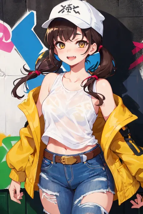 Original Characters, Natural Volumetric Lighting And Best Shadows, Deep Depth Of Field, Sharp Focus, Portrait Of Stunningly Beautiful Petite Girl, Soft Delicate Beautiful Attractive Face With Alluring Yellow Eyes, Lovely Small Breasts, Sharp Eyeliner, Seductive Smiling, Open Mouth With Cute Fangs Out, Windswept Disheveled Brown Hair, Thick Layered Medium Twintail Hairstyles, Blush Eyeshadow With Thick Eyelashes, Parted Lips, Applejack Hat, Oversized Pop-Art Jacket, Mini Underboob Tee, Slim Waist With Open Cute Navel, Denim Jeans Pants With Buckle Belt, (Messy Painted Body:1.05), (Holding Spray Paint Can:1.1), (Graffiti Murals Wall Background:1.15), (Standing On Narrow City Streets Crossword:1.2), (Highest Quality, Amazing Details:1.4), Masterpiece, Bloom, Picturesque, Brilliant Colorful Paintings, detailed,8k, detailed shadow, blurry background, depth of field,
looking at viewer, bare shoulder, see-through,
plaid, kneehighs, plaid skirt, skirt
, (masterpiece,best quality)