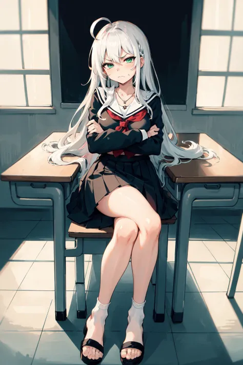 ((masterpiece,best quality)),1girl, solo, futuristic school uniform, white and yellow color uniform, school, pleated skirt, scenery, knee up, mature body, adult body, thigh, irritated face, arguing, rage, disputing, classroom,plastic chair, sitting, crossed legs, crossed arms, perspective, sideway, From directly above, indoor,shiny skin, mature body, extremely large breasts, streaked black hair, long hair with queue and braid, disheveled hair, hair scrunchie, tsurime, looking at viewer, indoors, long skirt,semi high slippers, high sandals, swept bangs, ahoge, alternate hairstyle, long hair, two-tone hair black&white, black and white hair, split-color hair, light mix white hair and brown hair,colorful hair, gradiant hair, breasts, white socks, necklace is a symbol of twin angel, green eyes, detailed eyes, class representative, bedroom, furious face, anger face, peeved,closing eyes,Frowning, pleated eyebrow, annoyed face, closed mouth, angry, tsundere, bright light, dark expression, frustrated, school, in class, 5th floor,