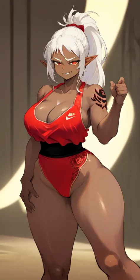 ((red nike clothing)), dark elf, (dark gray skin), elf ears, curvy, thick, tattoos, white hair, ponytail, smug, cute , assertive girl, martial arts, karate, solo, smug, cleavage, hips, thighs, lusty fantasy, 8k, masterpiece, by Frank Frazetta and antonio canova