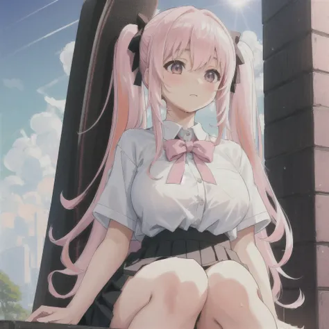 Soft Lightning, Masterpiece, 1girl, Solo, Sitting on Chair, Skirt, Big Breasts, Wet Cloths, Sun Shining in Background, School Uniform, White Top, Shy, Black and pink hair, twin tails, from below