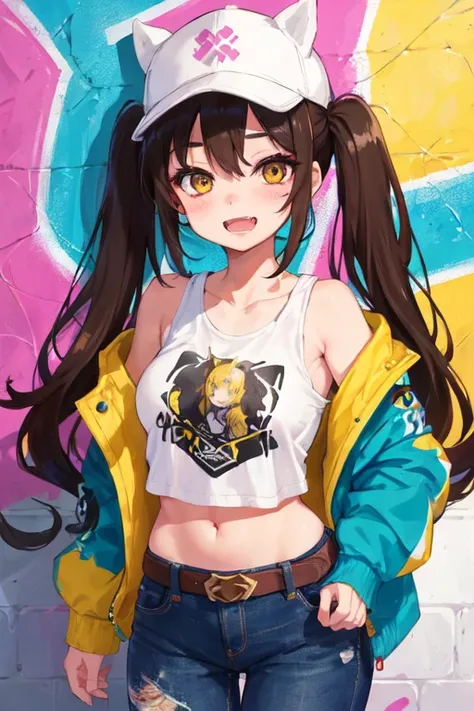 Original Characters, Natural Volumetric Lighting And Best Shadows, Deep Depth Of Field, Sharp Focus, Portrait Of Stunningly Beautiful Petite Girl, Soft Delicate Beautiful Attractive Face With Alluring Yellow Eyes, Lovely Small Breasts, Sharp Eyeliner, Seductive Smiling, Open Mouth With Cute Fangs Out, Windswept Disheveled Brown Hair, Thick Layered Medium Twintail Hairstyles, Blush Eyeshadow With Thick Eyelashes, Parted Lips, Applejack Hat, Oversized Pop-Art Jacket, Mini Underboob Tee, Slim Waist With Open Cute Navel, Denim Jeans Pants With Buckle Belt, (Messy Painted Body:1.05), (Holding Spray Paint Can:1.1), (Graffiti Murals Wall Background:1.15), (Standing On Narrow City Streets Crossword:1.2), (Highest Quality, Amazing Details:1.4), Masterpiece, Bloom, Picturesque, Brilliant Colorful Paintings