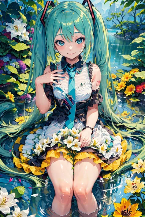 (masterpiece, best quality, highres:1.4), 1girl, <lora:852_v10:0.5>, ((unity 8k wallpaper, illustration, lily_\(flower\), beautiful and delicate detailed girl)), hatsune miku, twintails, green eyes, small breasts, flower field, flower, red flower, plant, flower field, smile,