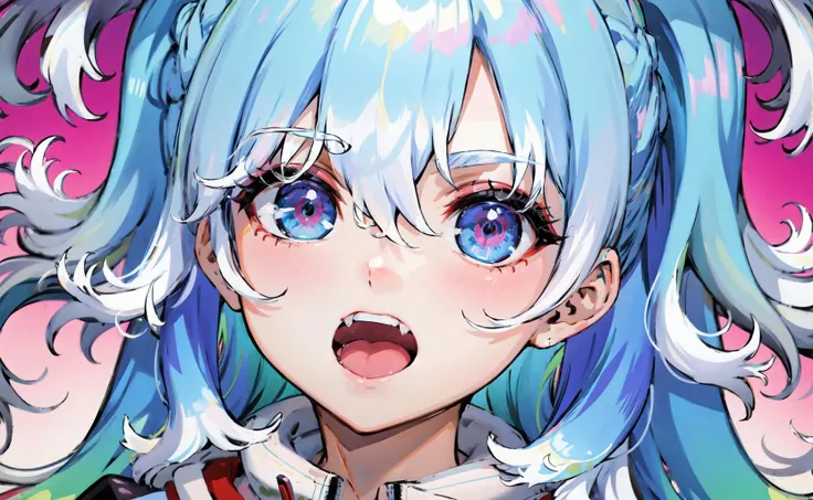 masterpiece, high quality, highres, absurdres, ultra-detailed, detailed eyes, 8k, ti-emb_kobo-kanaeru, 1girl, colorful eyes, fangs, open mouth, bangs, colorful background, looking at viewer, vibrant, contrast, blue hair, white hair, gradient hair, happy, graffiti wall background, water splash, close up