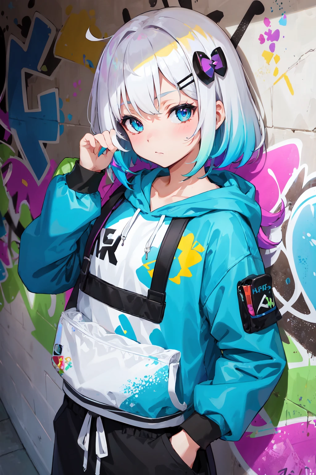 masterpiece, high quality, highres, absurdres, ultra-detailed, 8k, 1girl, platinum grey hair, blue hair, multicolored hair, gradient hair, looking at viewer, colorful eyes, colorful hoodie, (graffiti murals wall background:1.15), brilliant colorful paintings, bloom, portrait, cross hair ornament, closed mouth, waist bag, against wall, bangs, shadow, reflection