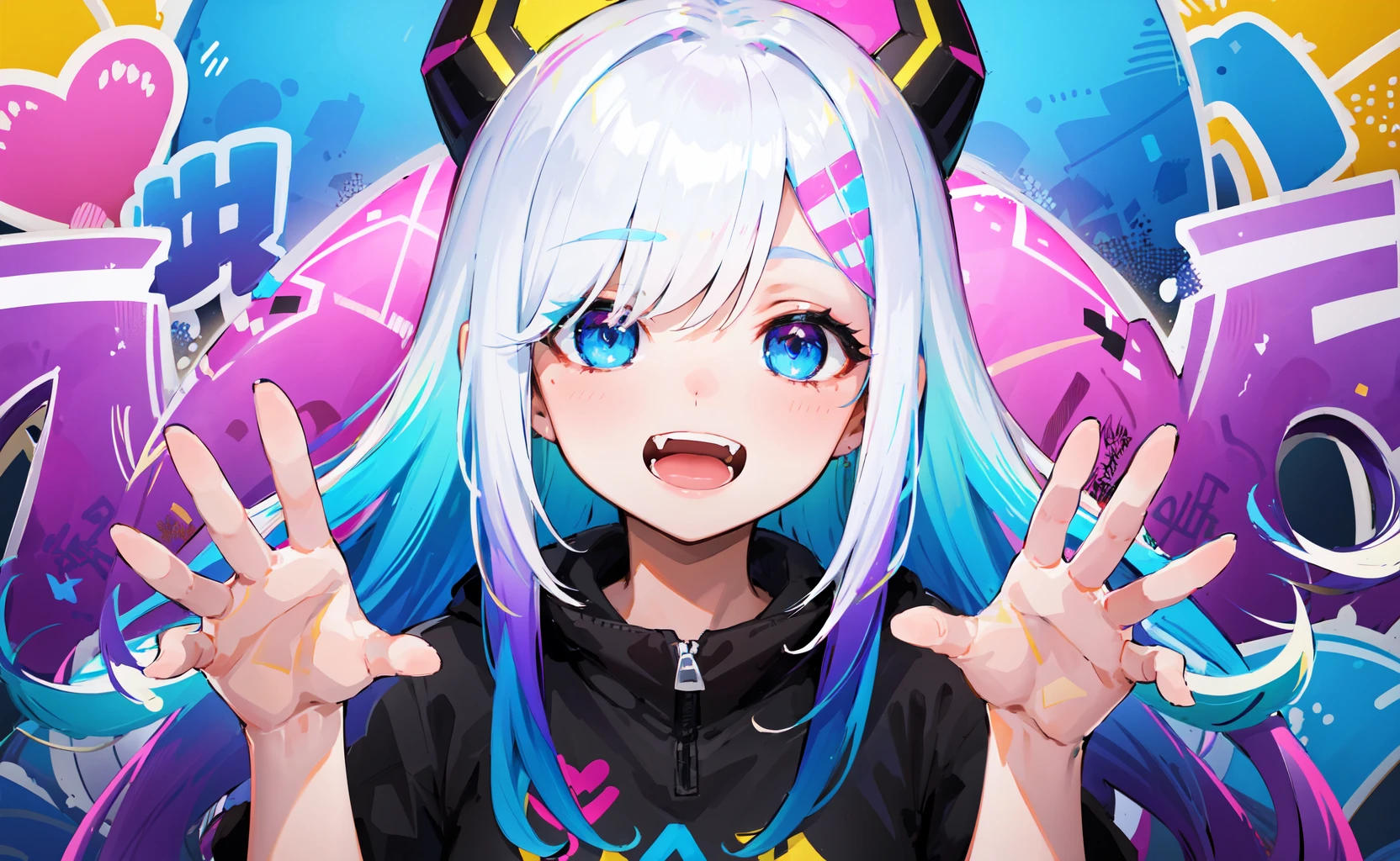 masterpiece, high quality, highres, absurdres, ultra-detailed, detailed eyes, 8k, 1girl, colorful eyes, fangs, open mouth, blue eyes, bangs, colorful background, (graffiti mural walls background), looking at viewer, vibrant, contrast, blue hair, white hair, gradient hair, happy, high five, heart symbols