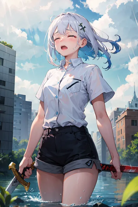 masterpiece, high quality, highres, absurdres, ultra-detailed, 8k, 1girl, holding sword, sword, white shirt. shorts, platinum grey hair, platinum blue hair, gradient hair, hair ornament, cross hair ornament, looking away, outdoor, ruined city, action, intense, tears, crying, closed eyes, wind, light rays, rain, water drop, cloudy sky