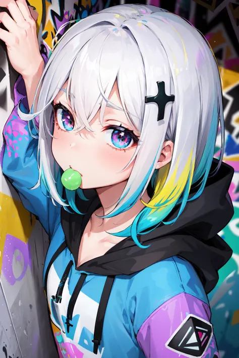 masterpiece, high quality, highres, absurdres, ultra-detailed, 8k, 1girl, platinum grey hair, blue hair, multicolored hair, gradient hair, looking at viewer, colorful eyes, colorful hoodie, (graffiti murals wall background:1.15), brilliant colorful paintings, bloom, portrait, cross hair ornament, chewing gum, (close-up:1.2), from above