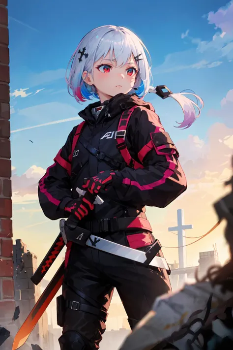 masterpiece, high quality, highres, absurdres, ultra-detailed, 8k, 1girl, holding sword, techwear, platinum grey hair, platinum blue hair, gradient hair, hair ornament, cross hair ornament, looking away, outdoor, ruined city, action, intense, red eyes with blue accent, colorful eyes