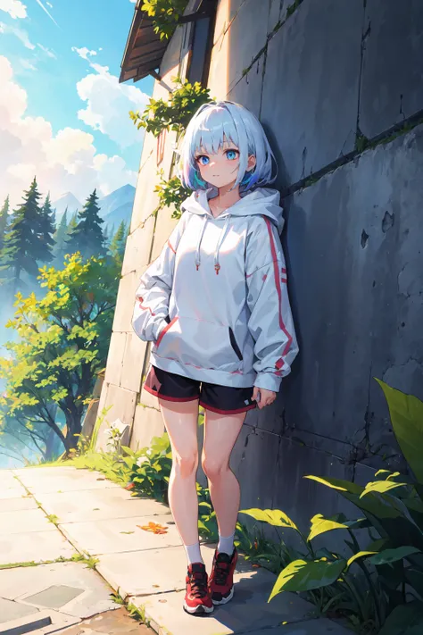 masterpiece, high quality, highres, absurdres, ultra-detailed, 8k, 1girl, white hoodie, white oversized hoodie, hoodie with red accent, techwear, hood, platinum grey hair, platinum blue hair, gradient hair, bangs, colorful eyes, closed mouth, looking away, sky, cloudy sky, day, forest, trees, vivid, colorful, light rays, shadows, shorts, full body, against wall