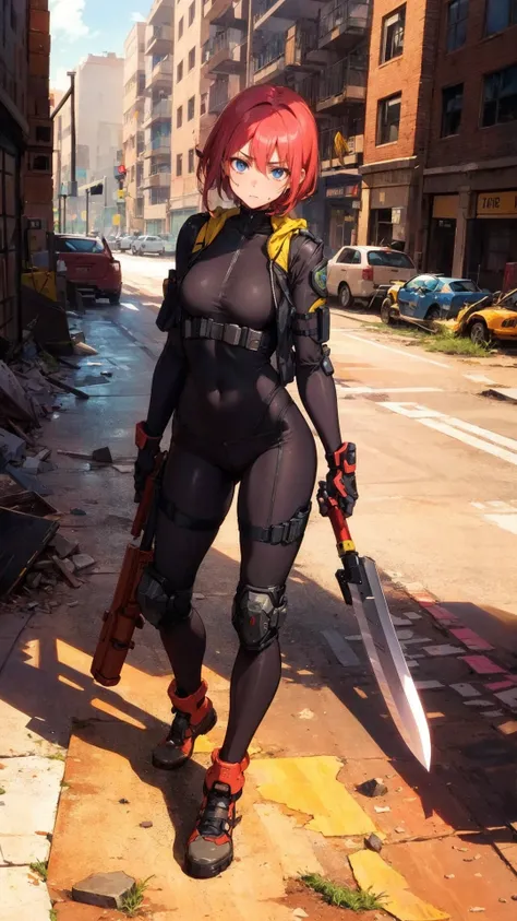 A tough and resourceful girl, armed with weapons and equipment, survives in a harsh post-apocalyptic world through her skills and wits. Her clothing is practical and suited to the environment, and she embodies resilience in a devastated world.
