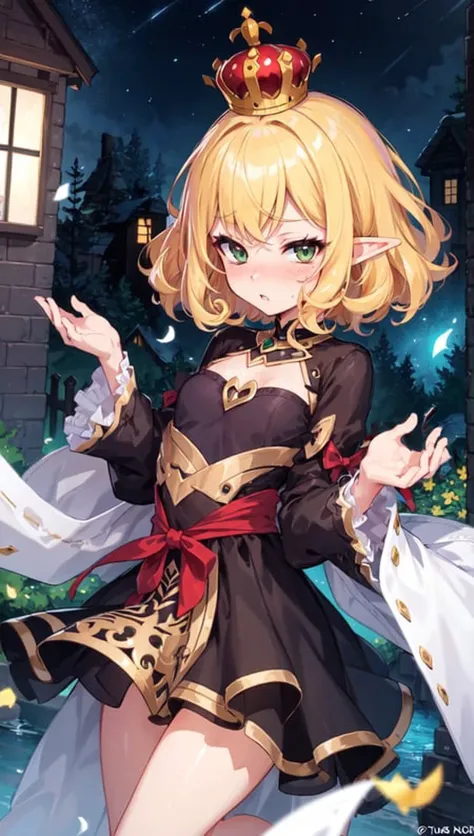 (elf,sfw,best quality,cg,Highest Quality, Amazing Details,masterpiece),magician,(curly hair:1.3),green eyes,Lovely Small Breasts,Sharp Eyeliner,short hair,blush,Eyelashes,Wearing Rags of cloth,village,night,look at viewer,mystery,yellow hair,shy,(tsundere:1.5),Slightly parted lips,indignant,express one's love,(hands back),crown