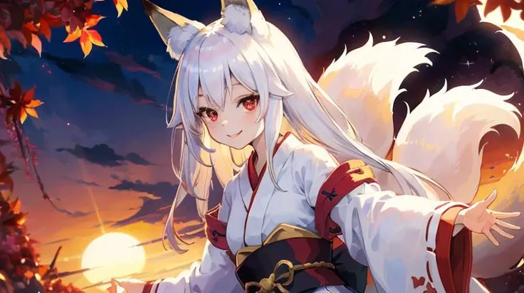 ((masterpiece)), (kawaii girl), (fox ears), (dynamic lighting), (dynamic angle), strong light coming in, deep shadows, white hair, Japanese clothes, smile, red eyes, hime cut, summer situation