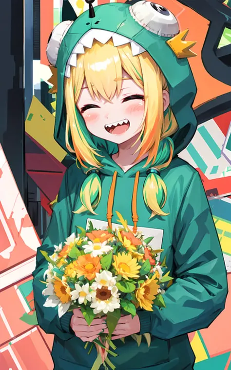masterpiece, best quality, 1girl, solo, long_hair, looking_at_viewer, smile, bangs, holding, flower, frills, petals, bouquet, holding_flower, center_frills, bonnet, holding_bouquet, dinopika, green hoodie, sharp teeth, hood, virtual youtuber, solo, teeth, hoodie, blonde hair, tail, open mouth,smile, green hair, multicolored hair, looking at viewer, ((eyes closed)), two-tone hair, blush stickers, bright pupils, nail polish, :d, green nails, hair between eyes, twintails, long sleeves, hood up, bangs, crying,<lora:amanoPikameeLocon_v1:1>
