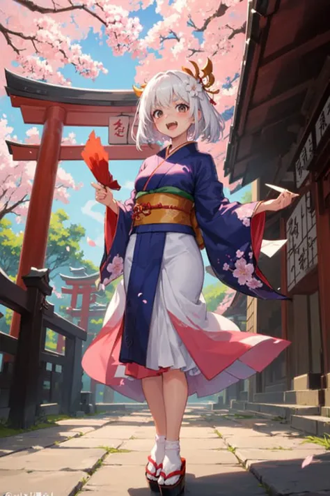 Original Character, Volumetric Lighting, Best Shadows, Shallow Depth of Field, Portrait Of Stunningly Beautiful Girl, Petite, Delicate Beautiful Attractive Face With Alluring Black Eyes, Sharp Eyebrows, Broadly Smiling, Open Mouth, Cute Fangs, Lovely Small Breasts, Layered Medium White Hair, Blush Eyeshadow, Traditional Floral Long Kimono, Kimono Obi, Okobo Shoes, Holding Oil-Paper Umbrella, Cherry Blossom Tree, Flower Branch, With Falling Petals, East Asia Architecture, Standing Looking Up In Little Shrine, Torii Gates, Saisen Bako, Stone Lantern, (Highest Quality, Amazing Details:1.25), (Solo:1.3), Brilliant Colorful Paintings