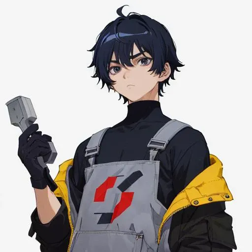 teenager, male, (grey working-clothes), brightness, clear-background, ((1 boy)), {{M-bangs}}, short-hair, dark-blue-hair, messy-hair, (brown-eyes), (90's-anime), flat-shading, smooth-body, looking-far, wince, glove, standing, (masterpiece), (((tareme))), closed-mouth, upper-body, best quality, holding a wrench in right hand
