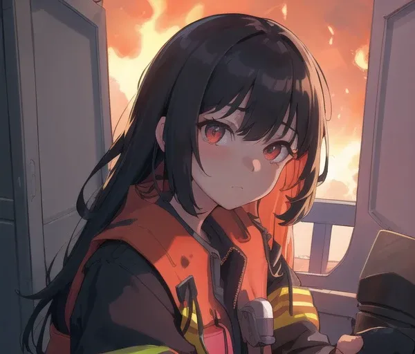 1girl, portrait, The supply chain crisis is about to get a lot worse, causing delays, shortages, and price hikes for everything, and affecting all of us. (shipping container ship on fire) flames, firefighter, "Original Character, Volumetric Lighting, Best Shadows, Shallow Depth of Field, (Highest Quality, Amazing Details:1.25), Brilliant Colorful Paintings", analog style epic explosion