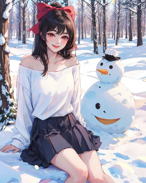 (masterpiece:1.5), illustration, 4k, 8k, (high quality:1.1), highly detailed, detailed face, HDR, vivid colors, natural lighting, pretty eyes, beautiful face, full body, 1girl, <lora:fashionGirl_v50:0.7>, fashi-girl, makeup, realistic, black hair, long hair, hair bow, red eyes, off shoulder, pleated skirt, (snow), winter, evergreen trees, snowing, snowman, smile,