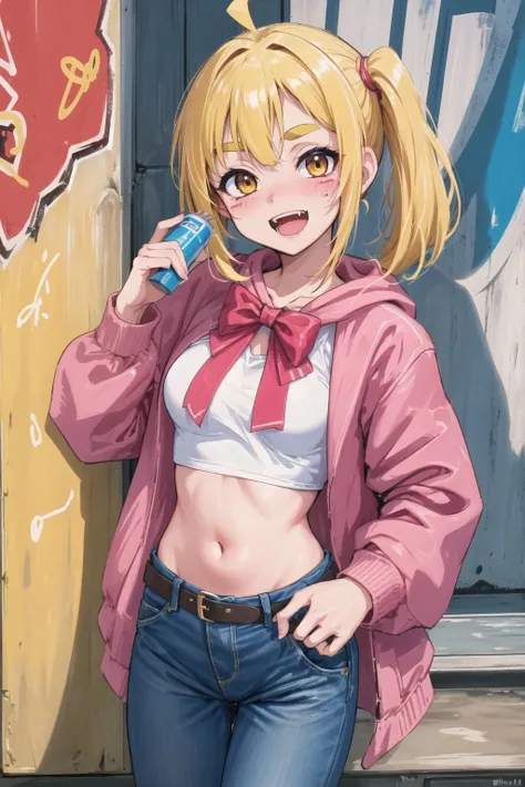 <lora:dashaTaran_v10Body:.25> <lora:breastinclass_v10-AsianFlatChest:.34> Original Character, Volumetric Lighting, Best Shadows, Shallow Depth of Field, Portrait Of Girl, Petite, Delicate Attractive cute Face With Alluring Yellow Eyes, Messy Painted Face, Sharp Eyebrows, Broadly Smiling, Open Mouth, Fangs Out, Lovely Medium Breasts, Blond Hair, Blush Eyeshadow, Thick Eyelashes, cyan hoodie, Open Navel, Slim Waist, Denim Jeans Pants, With Buckle Belt, In The Graffiti Alley, Waste Container, Outside Stairs, Outdoor Unit, Holding Spray Paint Can, Standing, (Highest Quality, Amazing Details:1.25), (Solo:1.3), Brilliant Colorful Paintings <lora:nijikaIjichiOfBocchiThe_v10:0.92>, , ijichinijika, ahoge red bow, blue open jacket