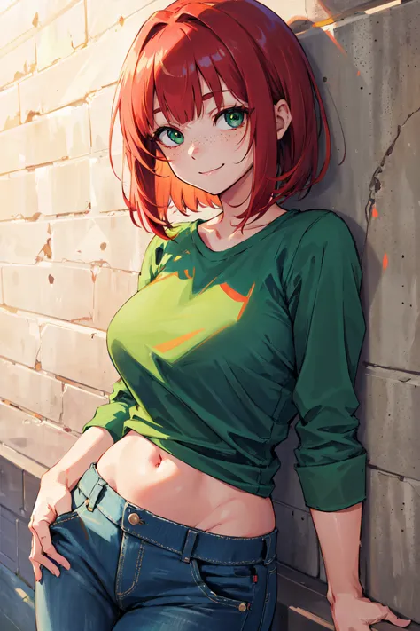 top view, volumetric lighting, Best Shadows, Shallow Depth of Field, Portrait of stunningly joyful girl, petite, delicate, attractive Face, alluring green eyes, happy smile, closed mouth, lovely medium breasts, (red hair), short hair, freckles, thick eyelashes, pink jacket open, (green tee), open navel, slim waist, denim jeans pants, leaning against a wall, (highest quality, amazing details:1.25), brilliant colorful paintings,