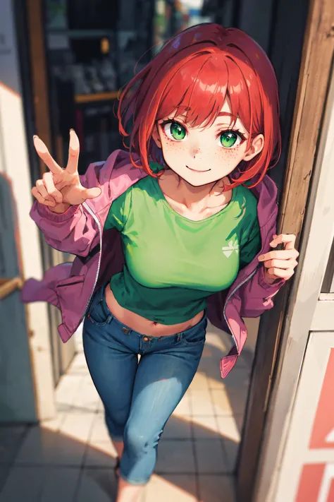 top view, volumetric lighting, Best Shadows, Shallow Depth of Field, Portrait of stunningly joyful girl, petite, delicate, attractive Face, alluring green eyes, happy smile, closed mouth, lovely medium breasts, (red hair), short hair, freckles, thick eyelashes, pink jacket open, (green tee), open navel, slim waist, denim jeans pants, walking on the street, (highest quality, amazing details:1.25), brilliant colorful paintings,