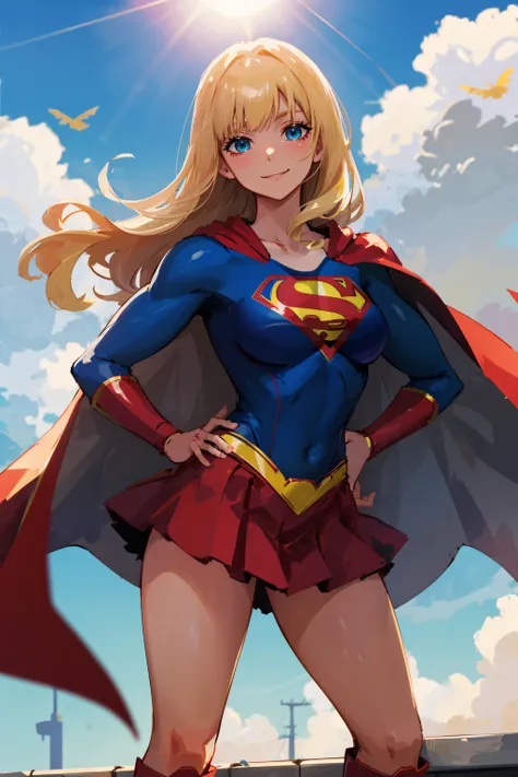 masterpiece, 4k, 8k, high quality, highly detailed, detailed face, HDR, vivid colors, natural lighting, Best Shadows, Shallow Depth of Field, Portrait of (Supergirl:1.1) standing on a rooftop, smiling, red skirt, red cape, red boots with heels, delicate, alluring blue eyes, lovely medium breasts, blonde, (Superman symbol on chest:1.2), bare legs, blue sky, sunlight, clouds, sun, bloom,