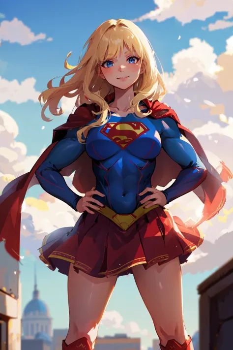 masterpiece, 4k, 8k, high quality, highly detailed, detailed face, HDR, vivid colors, natural lighting, Best Shadows, Shallow Depth of Field, Portrait of (Supergirl:1.1) standing on a rooftop, smiling, red skirt, red cape, red boots with heels, delicate, alluring blue eyes, lovely medium breasts, blonde, (Superman symbol on chest:1.2), bare legs, open navel, blue sky, sunlight, clouds, sun, bloom,