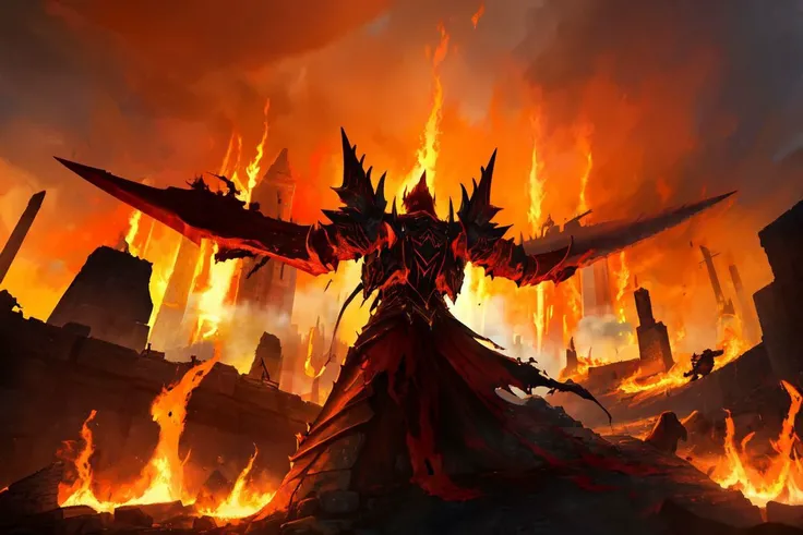 ((masterpiece, ultra quality, absurdres, ultra detailed)), Red, Fantasy, Knight, Futuristic, solo, Black Armor, Cinematic, Contrast, Action, Dramatic, Dark, Powerful, Sword, Sci-Fi, Epic, Edgy, Dynamic, Danger, Adventure, Special Effects, War-Torn, Bright Flames, Blood, Ruined Castle, Glowing Eyes, Magical Sword, Back Weapon, Bright Glow, High-Contrast, Dynamic Lighting, Vibrant Colors, HDR, cinematic, Filmic Look, Immersive Atmosphere, Intense Action, hell, lava, ((masterpiece, ultra quality, absurdres, ultra detailed))