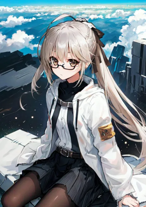 masterpiece,best quality,official art,illustration,ligne claire,(dreamy),(colorful:1.3),perfect composition,absurdres,intricate details,fantasy,focused,(in the high air),Unable to see the ground,(above the cloud:1.4),(finely detailed modern lost_city:1.3),(lost_city towering above the clouds:1.2),epic,(focus_girl:1.4),(girl in city peak of Broken bridge),rule of thirds,anime_face,fine-tuning face,small breasts,white_jacket and white_shirt,black_beltskirt,very_long_hair,side braid,loose_hair,(semi-rimless eyewear:1.3),overhead_viewer,wind blow at viewer,side_face, (starry_sky:1.2),sitting,(space),(universe:1.3),(depth_of_field),hair ribbon, ahoge,  <lora:sora3:0.8>,brown eyes, high ponytail, full body, pantyhose,