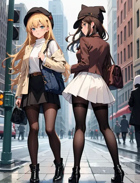 ((best quality)), ((masterpiece)), (detailed), ((woman)), dark blond hair, caucasian, top, (cotton:1.5) mini skirt, form-fitting, (short:1.2) (wollen:1.3) jacket in brown color, big ass, highly detailed clothes, checkered, high heels ankle boots, (woolen hat:1.2), pantyhose, (shoulder bag:1.2), from behind, walking on the street, rain, masterpiece, contrasting soft skin, (lighting:1.2)
