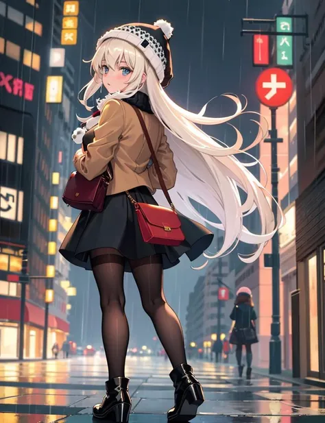 ((best quality)), ((masterpiece)), (detailed), ((woman)), dark blond hair, caucasian, top, (cotton:1.5) mini skirt, form-fitting, (short:1.2) (wollen:1.3) jacket in brown color, big ass, highly detailed clothes, checkered, high heels ankle boots, (woolen hat:1.2), pantyhose, (shoulder bag:1.2), from behind, walking on the street, rain, masterpiece, contrasting soft skin, (lighting:1.2)