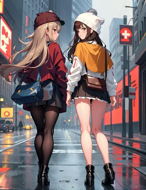((best quality)), ((masterpiece)), (detailed), ((woman)), dark blond hair, caucasian, top, (cotton:1.5) mini skirt, form-fitting, (short:1.2) (wollen:1.3) jacket in brown color, big ass, highly detailed clothes, checkered, high heels ankle boots, (woolen hat:1.2), pantyhose, (shoulder bag:1.2), from behind, walking on the street, rain, masterpiece, contrasting soft skin, (lighting:1.2)