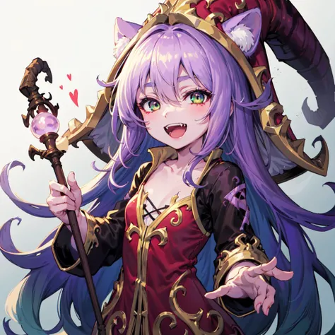 1 girl, beautiful body,lulu \(league of legends\), solo, monster girl,green eyes, ((gradient purple hair)), fangs, grin,staff, loving eyes, <lora:luluFromLeagueOf_luluV1:1>, purple skin, heart symbol in eyes, (hat), flat chest, SFW, dress