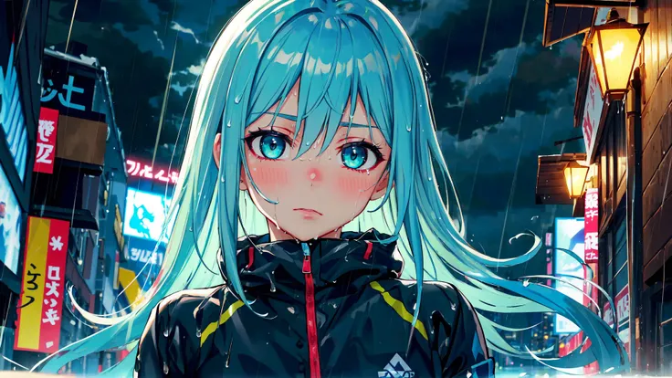 (masterpiece, best quality, extremely detailed), colorful, glowing, cinematic lighting, wallpaper,
1girl, child, beauty, long hair, aqua hair, (finely detailed beautiful eyes and detailed face), aqua eyes, blush, large sports jacket, wet,
outdoors, night, black clouds, rain, humidity, urban city, dynamic angle, dynamic lighting, luminous, bloom, (Half Body:1.3),