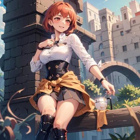 masterpiece, ultra high quality cg, best quality, leonie pinelli, very short hair, white shirt, garreg mach monastery uniform, black corset, black skirt, clothes around waist, boots, smile, <lora:leonieFireEmblemThree_v1:0.8>