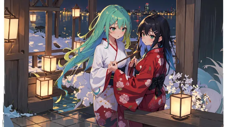(masterpiece, best quality, highres:1.4), wallpaper, full body, 1girl, long hair, (blue hair:1.0), (black hair:1.0), green eyes, multicolored hair, gradient hair, small breast, facing to the side, yukata , holding party popper, night, hairclip, bangs,